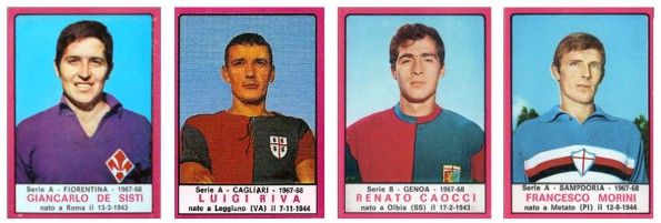 Fiorentina, Cagliari, Genoa e Samp con gli stemmi sulla maglia, album Calciatori 1967-68