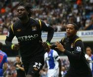 Adebayor esulta dopo aver segnato con il City Adebayor esulta dopo aver segnato con il City