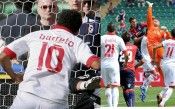 Barreto e Parisi con la maglia del Bari Nome e numero sulla prima divisa del Bari