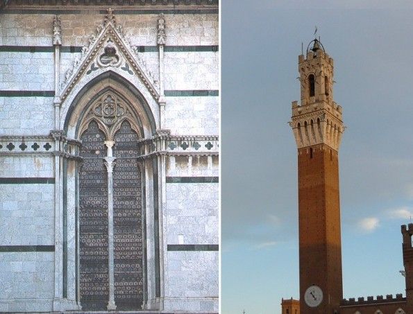 Finestra in stile gotico del Duomo di Siena e la Torre del Mangia