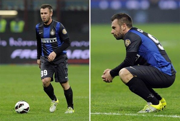 Cassano con la toppa 105 anni Inter sulla maglia