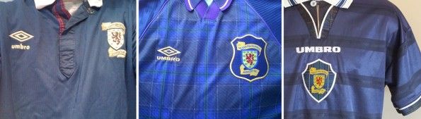 Dettagli tartan maglie Umbro della Scozia 1990, 1996 e 1998