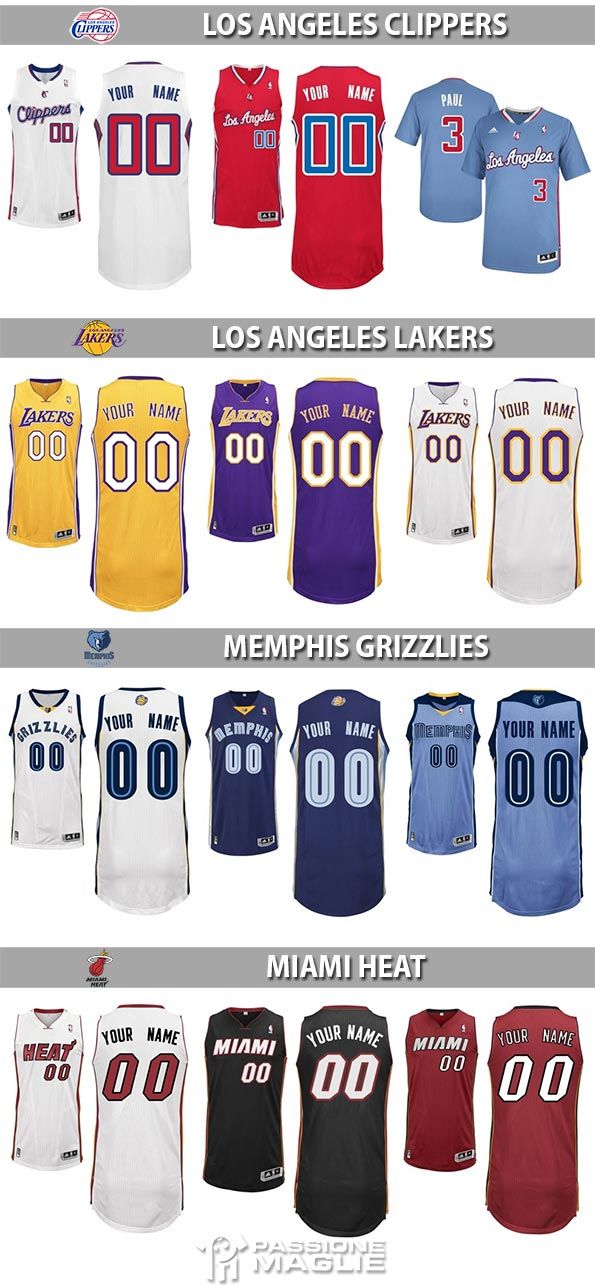 Divise NBA Clippers, Los Angeles Lakers, Grizzlies, Heat