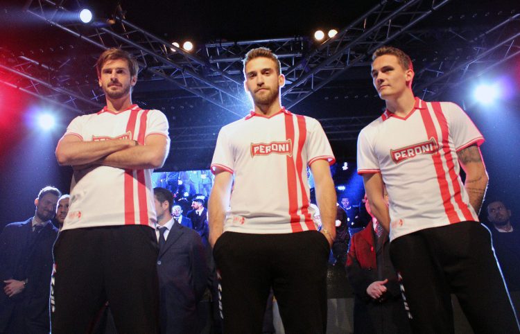 Bari 2017-2018, maglia 110 anni, Marios Oikonomou, Alan Empereur, Jure Balkovec