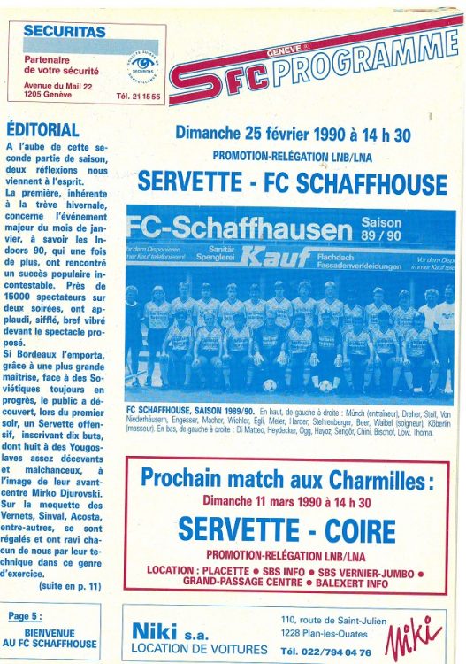 matchday programm servette - sciaffusa 4-0 25.02.1990