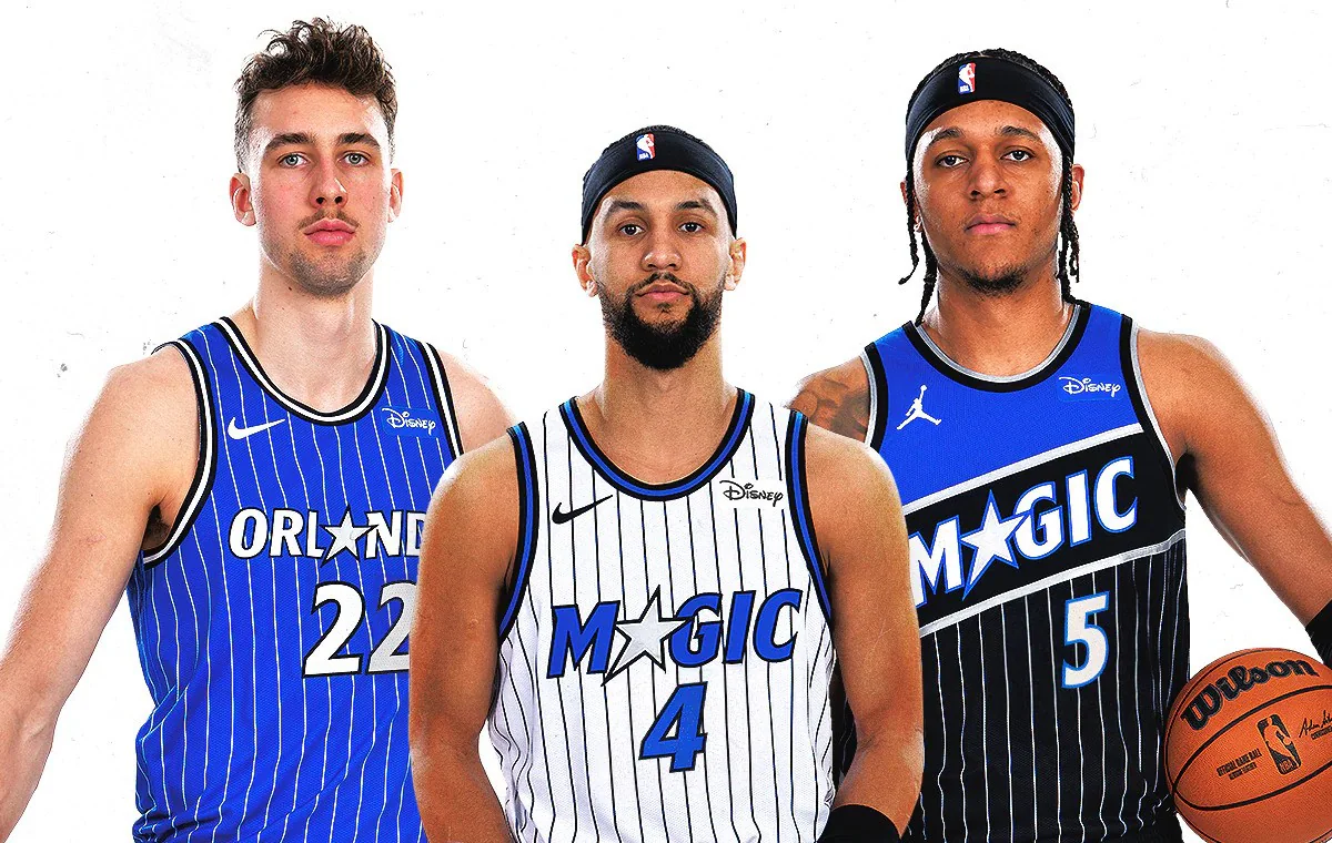 Da sinistra: Franz Wagner, Jalen Suggs e Paolo Banchero con le nuove divise degli Orlando Magic